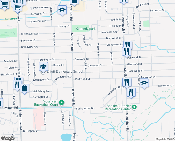 map of restaurants, bars, coffee shops, grocery stores, and more near 30072 Hazelwood Street in Inkster