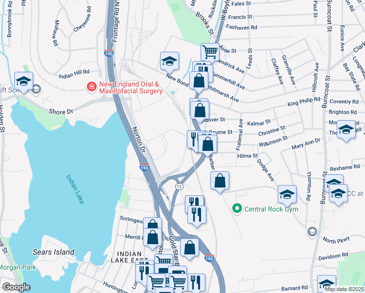 map of restaurants, bars, coffee shops, grocery stores, and more near 163 West Boylston Drive in Worcester