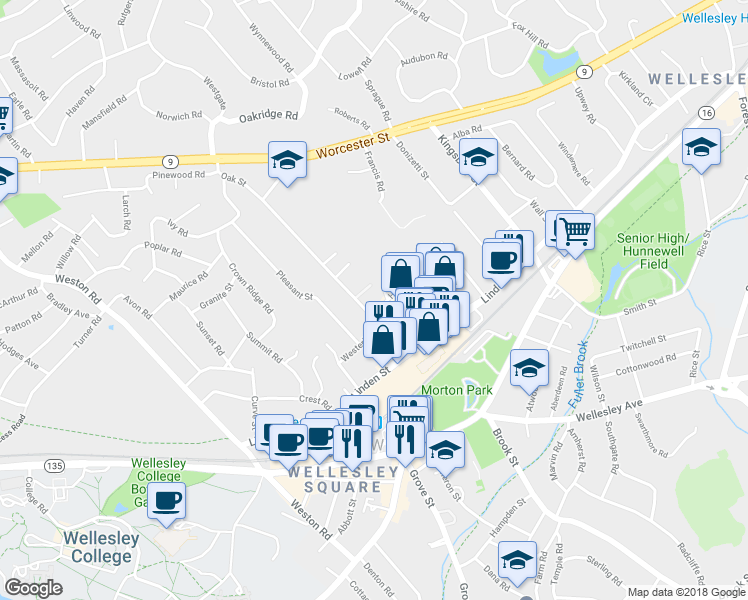 map of restaurants, bars, coffee shops, grocery stores, and more near 48 Highland Road in Wellesley