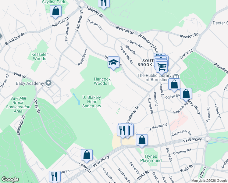 map of restaurants, bars, coffee shops, grocery stores, and more near 178 Gerry Road in Brookline