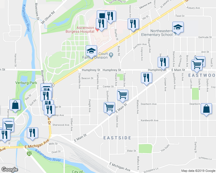 map of restaurants, bars, coffee shops, grocery stores, and more near 1607 Center Street in Kalamazoo