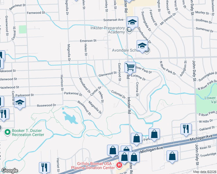map of restaurants, bars, coffee shops, grocery stores, and more near 1347 Colonial Drive in Inkster