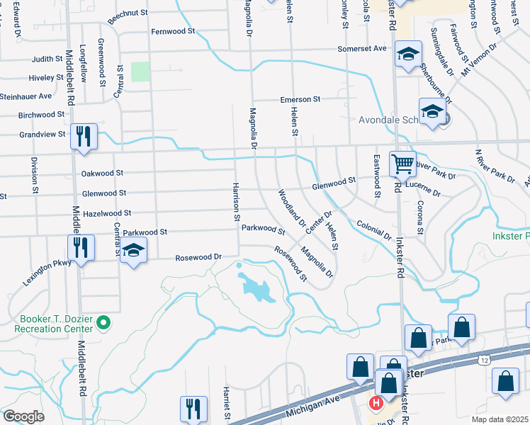 map of restaurants, bars, coffee shops, grocery stores, and more near 1310 Magnolia Drive in Inkster