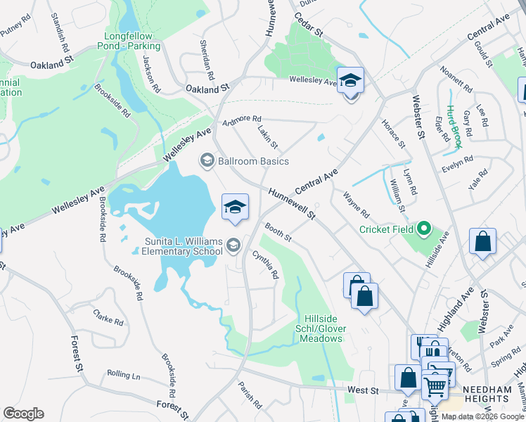 map of restaurants, bars, coffee shops, grocery stores, and more near 527 Central Avenue in Needham