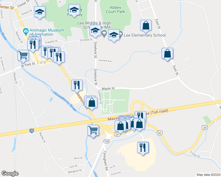 map of restaurants, bars, coffee shops, grocery stores, and more near 267 Maple Street in Lee