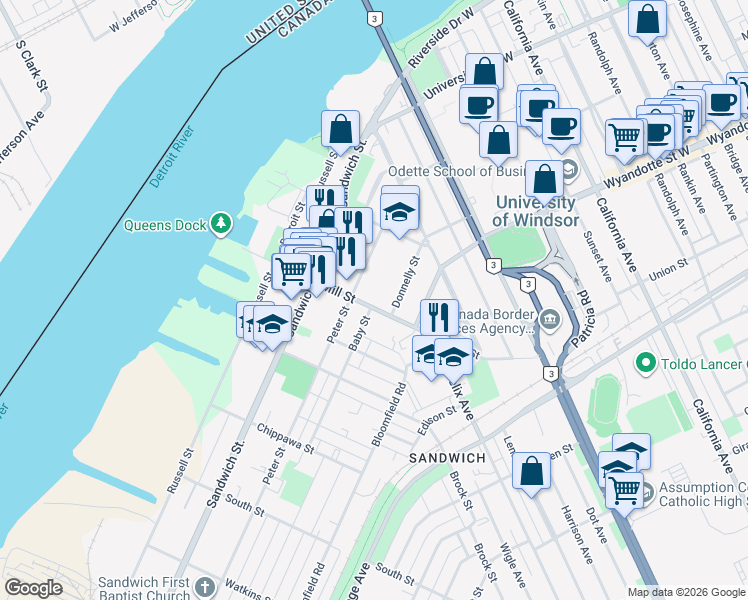 map of restaurants, bars, coffee shops, grocery stores, and more near 450 Mill Street in Windsor