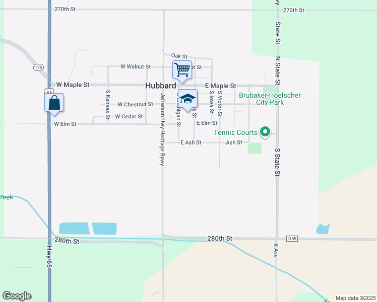 map of restaurants, bars, coffee shops, grocery stores, and more near 208 East Ash Street in Hubbard