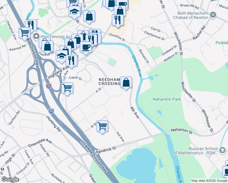 map of restaurants, bars, coffee shops, grocery stores, and more near 275 2nd Avenue in Needham