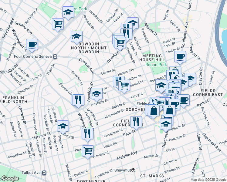 map of restaurants, bars, coffee shops, grocery stores, and more near 379 Geneva Avenue in Boston