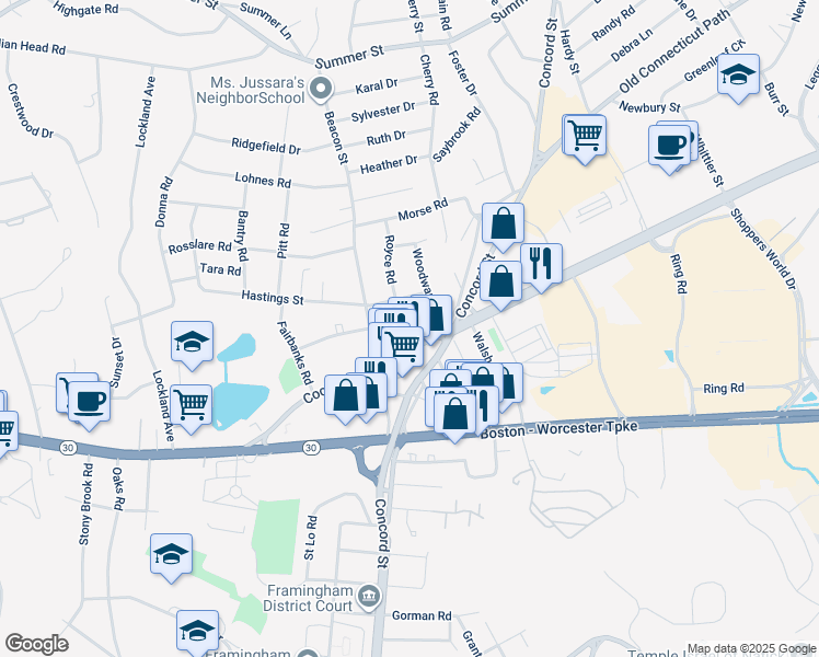 map of restaurants, bars, coffee shops, grocery stores, and more near 21 Old Connecticut Path in Framingham