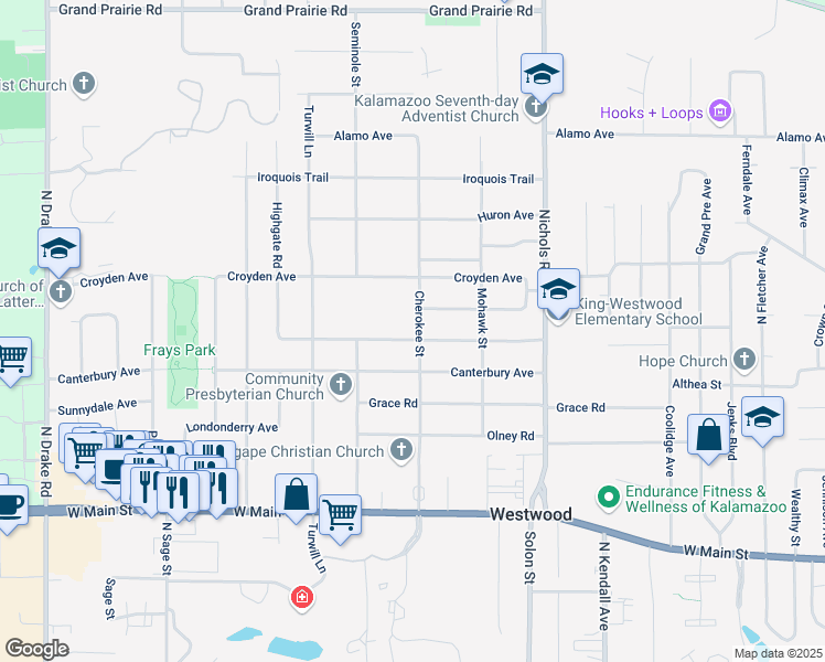 map of restaurants, bars, coffee shops, grocery stores, and more near in Kalamazoo