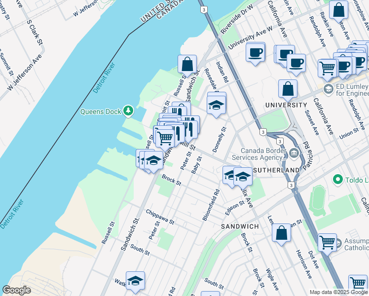 map of restaurants, bars, coffee shops, grocery stores, and more near 363 Mill Street in Windsor
