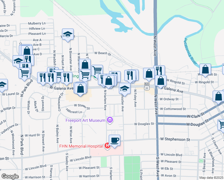 map of restaurants, bars, coffee shops, grocery stores, and more near 1009 West Galena Avenue in Freeport
