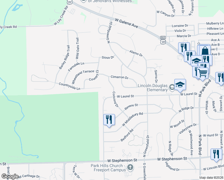 map of restaurants, bars, coffee shops, grocery stores, and more near 402 Concord Drive in Freeport