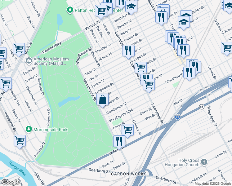 map of restaurants, bars, coffee shops, grocery stores, and more near 9121 Homer Street in Detroit