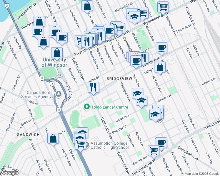 map of restaurants, bars, coffee shops, grocery stores, and more near 2163 College Avenue in Windsor