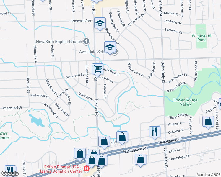 map of restaurants, bars, coffee shops, grocery stores, and more near 1478 Crescent Street in Inkster
