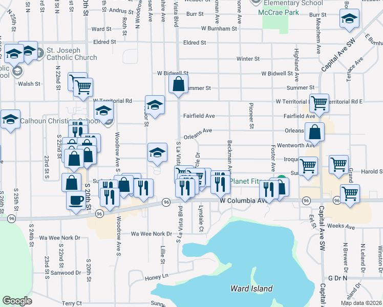 map of restaurants, bars, coffee shops, grocery stores, and more near 100 Circle Drive in Battle Creek