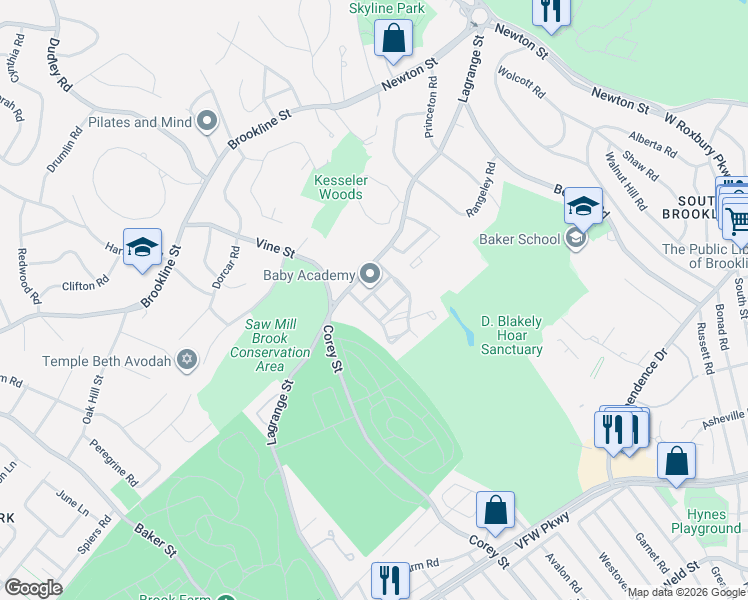 map of restaurants, bars, coffee shops, grocery stores, and more near 50 Bryon Road in Boston