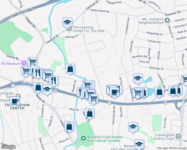 map of restaurants, bars, coffee shops, grocery stores, and more near 100 Prospect Street in Framingham