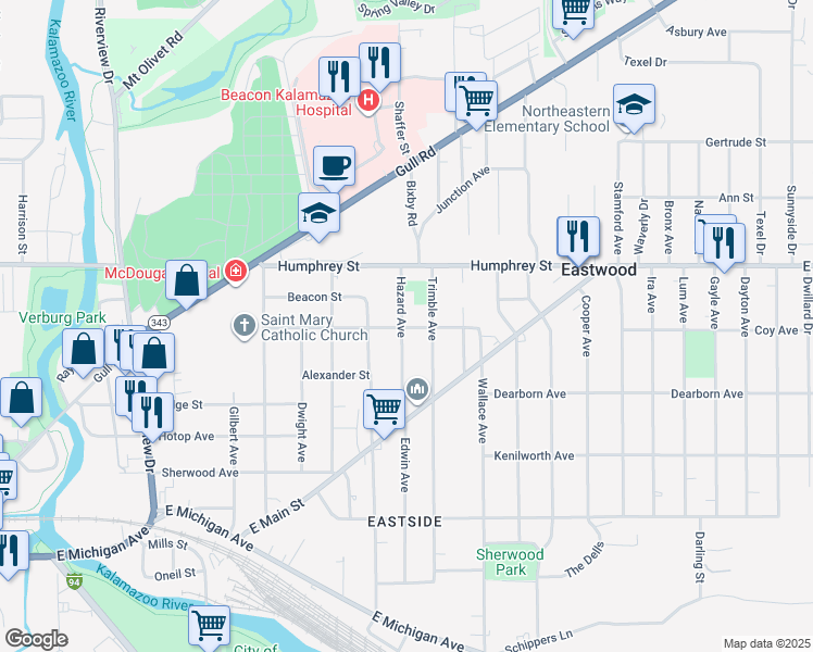 map of restaurants, bars, coffee shops, grocery stores, and more near 1004 Hazard Avenue in Kalamazoo