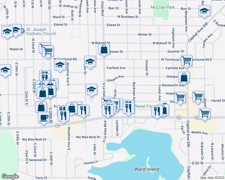 map of restaurants, bars, coffee shops, grocery stores, and more near 100 Circle Drive in Battle Creek