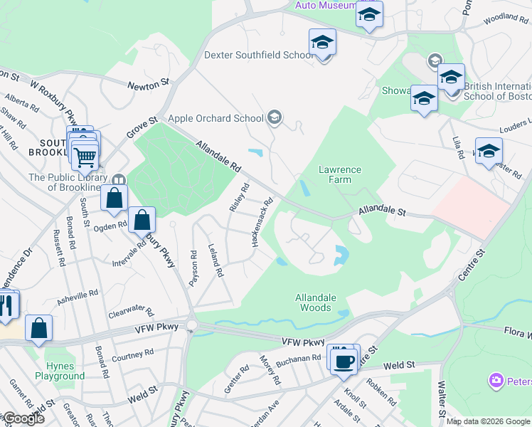map of restaurants, bars, coffee shops, grocery stores, and more near 30 Hackensack Road in Brookline