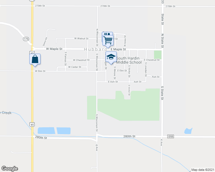 map of restaurants, bars, coffee shops, grocery stores, and more near 208 East Ash Street in Hubbard