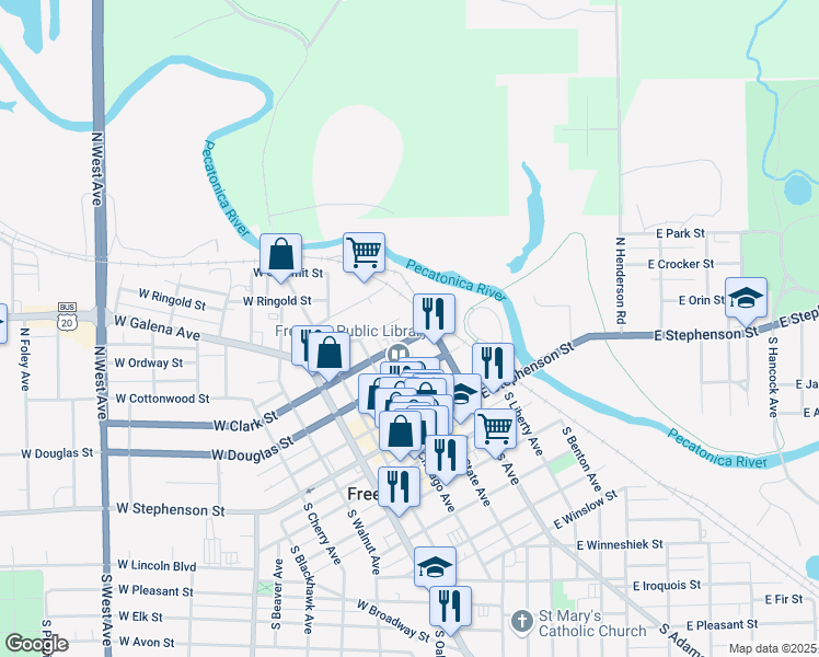 map of restaurants, bars, coffee shops, grocery stores, and more near 120 East Clark Street in Freeport