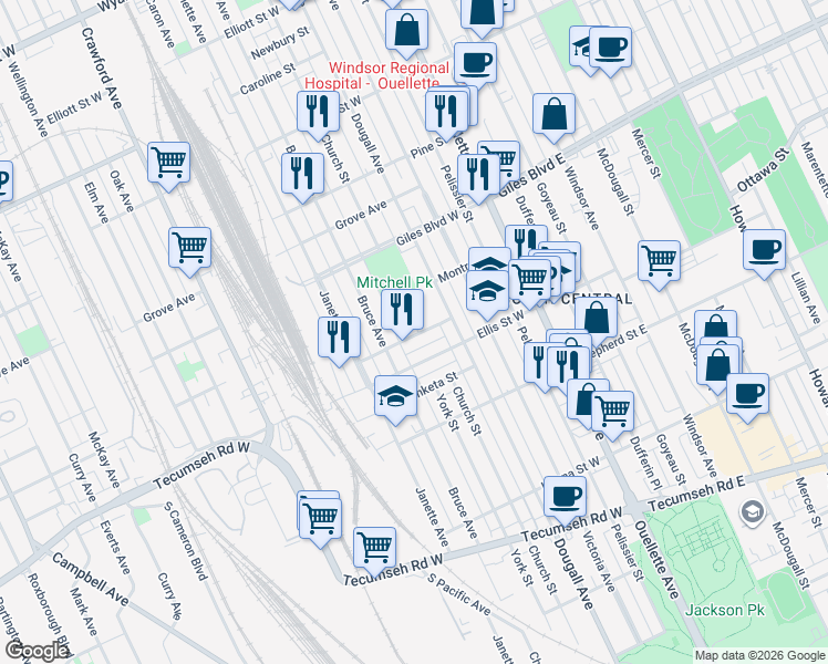 map of restaurants, bars, coffee shops, grocery stores, and more near 410 Clinton Street in Windsor