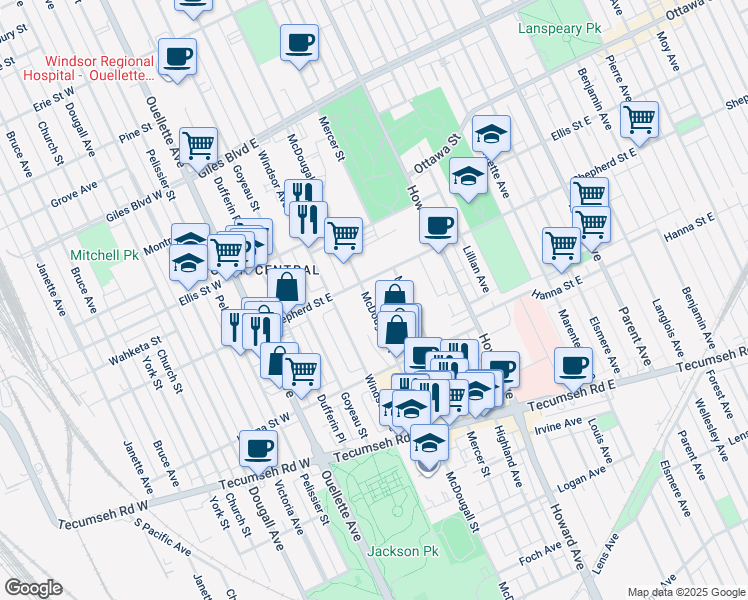 map of restaurants, bars, coffee shops, grocery stores, and more near 1504 McDougall Street in Windsor