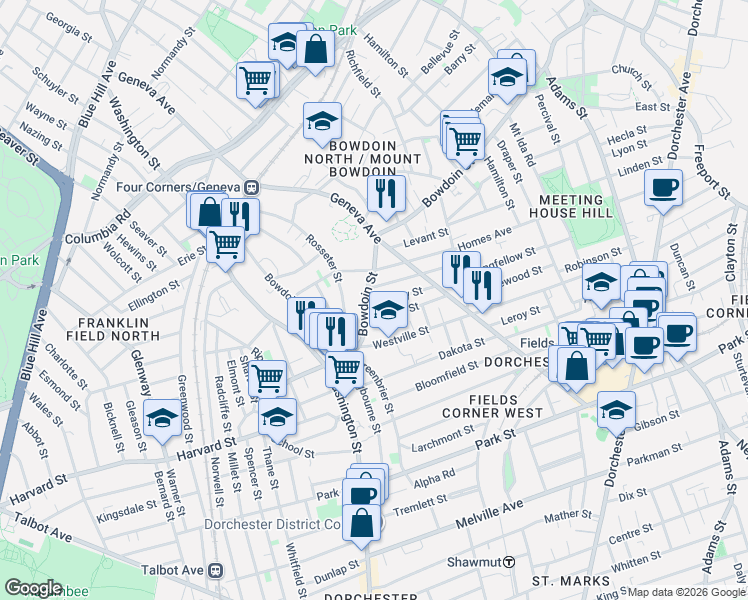 map of restaurants, bars, coffee shops, grocery stores, and more near 8 Oakley Street in Boston