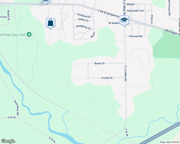 map of restaurants, bars, coffee shops, grocery stores, and more near 97 Boyer Drive in Battle Creek