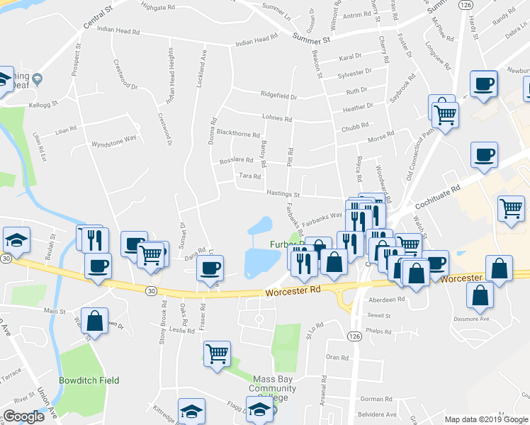 map of restaurants, bars, coffee shops, grocery stores, and more near 82 Hastings Street in Framingham