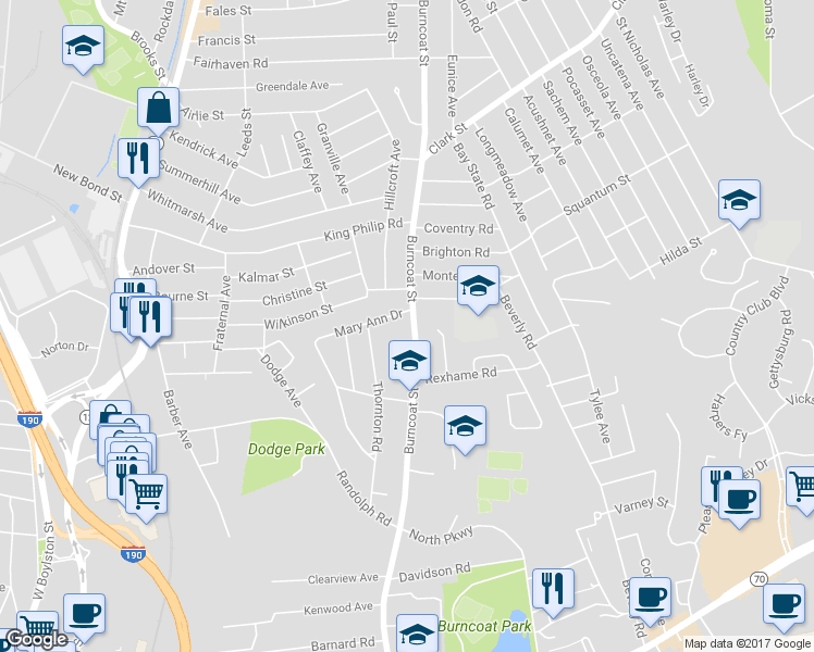 map of restaurants, bars, coffee shops, grocery stores, and more near 222 Burncoat Street in Worcester