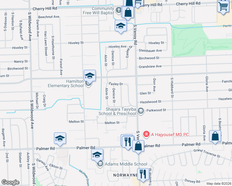 map of restaurants, bars, coffee shops, grocery stores, and more near 1171 Denice Street in Westland