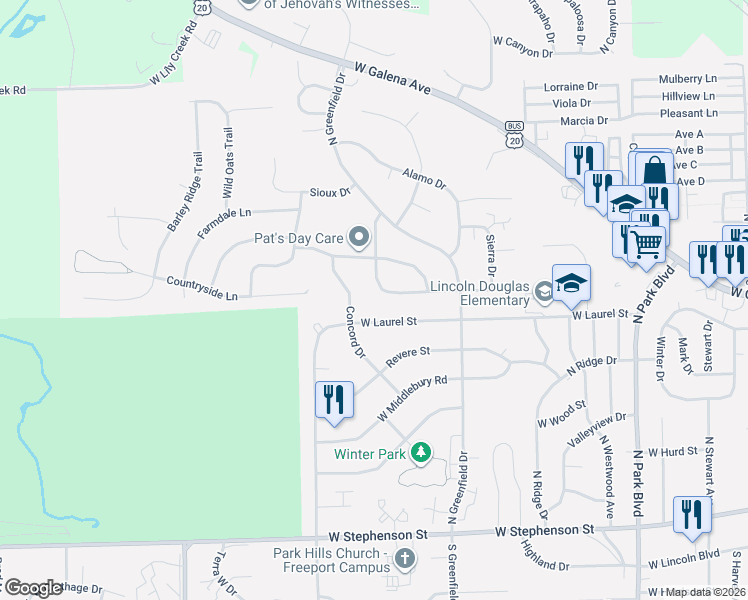 map of restaurants, bars, coffee shops, grocery stores, and more near 2041 Winchester Drive in Freeport
