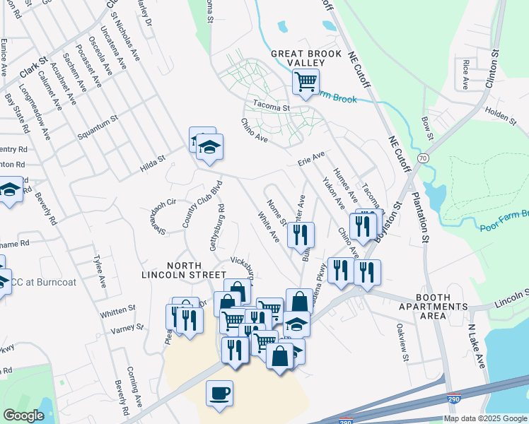 map of restaurants, bars, coffee shops, grocery stores, and more near 46 White Avenue in Worcester