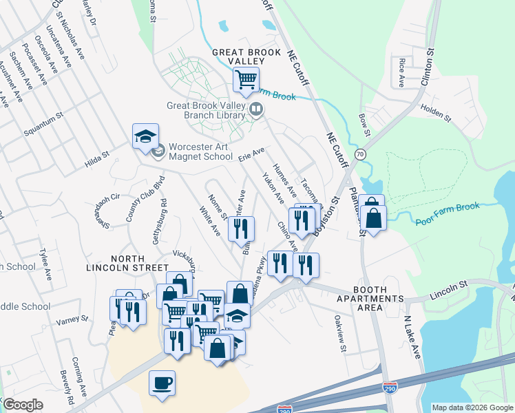 map of restaurants, bars, coffee shops, grocery stores, and more near 52 Bullard Avenue in Worcester