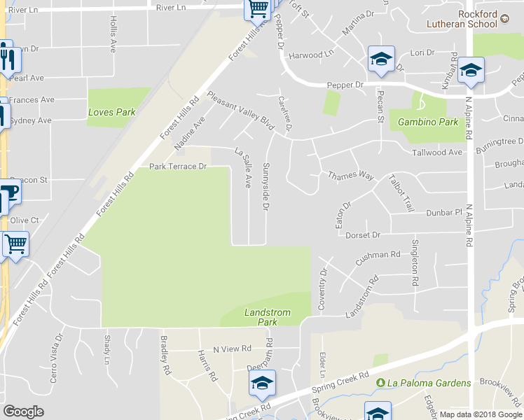 map of restaurants, bars, coffee shops, grocery stores, and more near 2932 Sunnyside Drive in Rockford