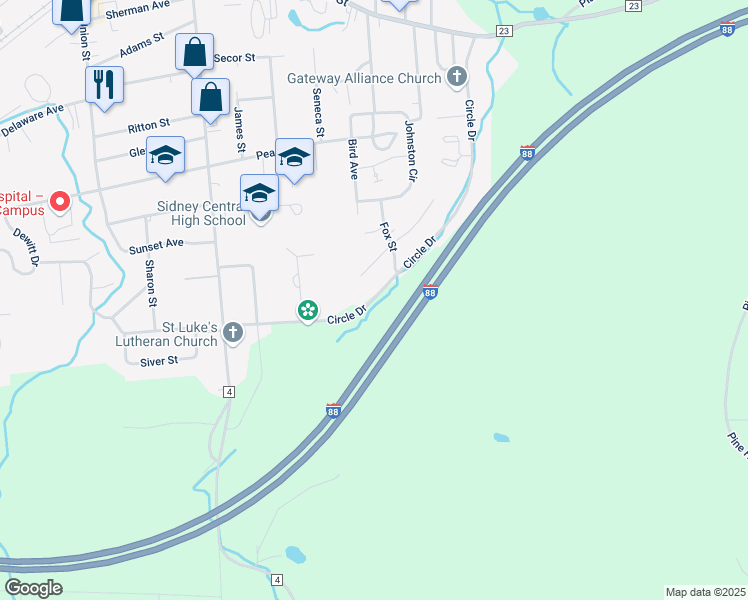 map of restaurants, bars, coffee shops, grocery stores, and more near 220 Fox Street in Sidney