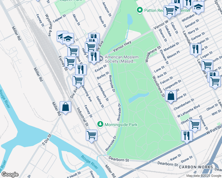 map of restaurants, bars, coffee shops, grocery stores, and more near 1755 Riverside Drive in Dearborn