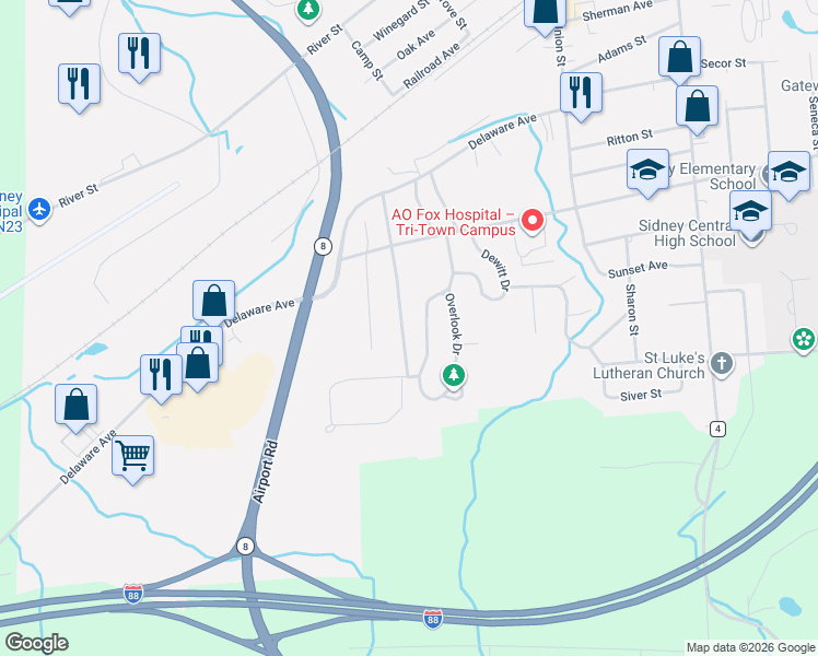 map of restaurants, bars, coffee shops, grocery stores, and more near 81 Campmeeting Street in Sidney