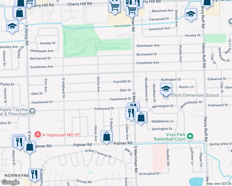 map of restaurants, bars, coffee shops, grocery stores, and more near 31615 Glen Street in Westland