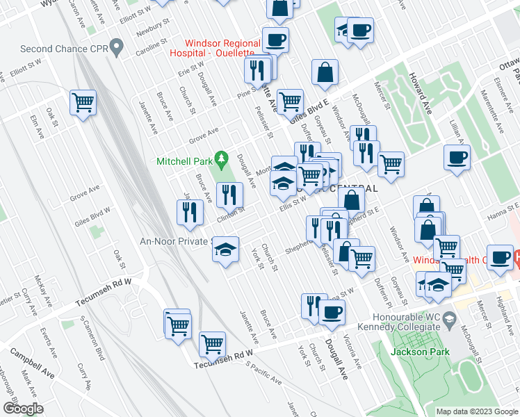 map of restaurants, bars, coffee shops, grocery stores, and more near 1381 Dougall Avenue in Windsor