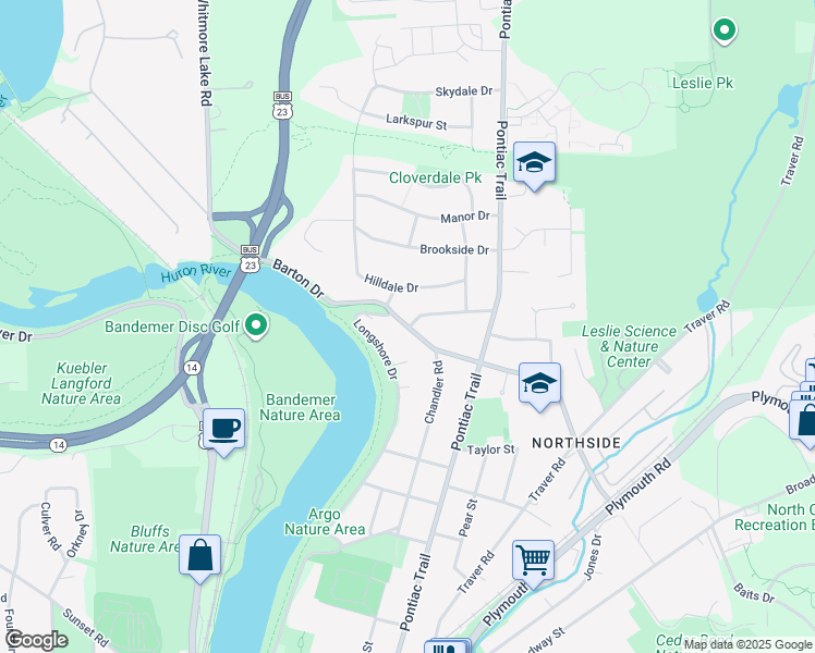 map of restaurants, bars, coffee shops, grocery stores, and more near 678 Barton Drive in Ann Arbor