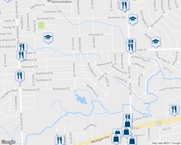 map of restaurants, bars, coffee shops, grocery stores, and more near 1280 Woodland Drive in Inkster