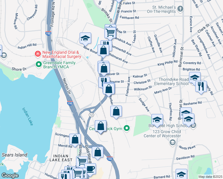 map of restaurants, bars, coffee shops, grocery stores, and more near 2 Watson Avenue in Worcester