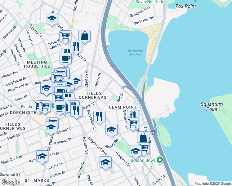 map of restaurants, bars, coffee shops, grocery stores, and more near 20 Everett Street in Boston