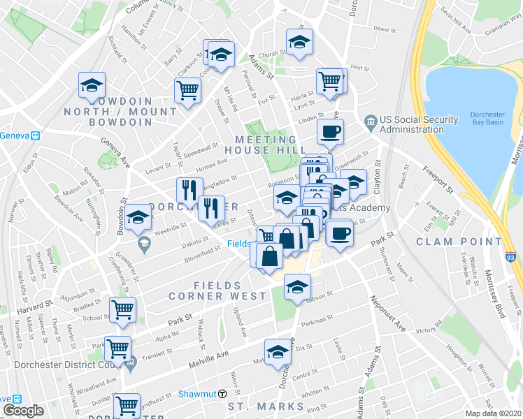 map of restaurants, bars, coffee shops, grocery stores, and more near 41 Ditson Street in Boston